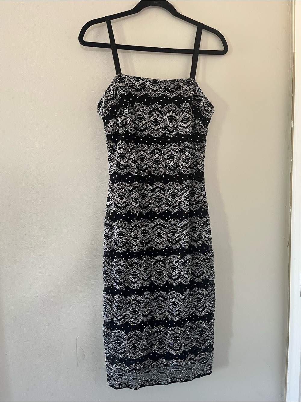 Vintage 90s R&M Richards Black Silver Lace Sequin Midi Cocktail Dress 10 Sparkly